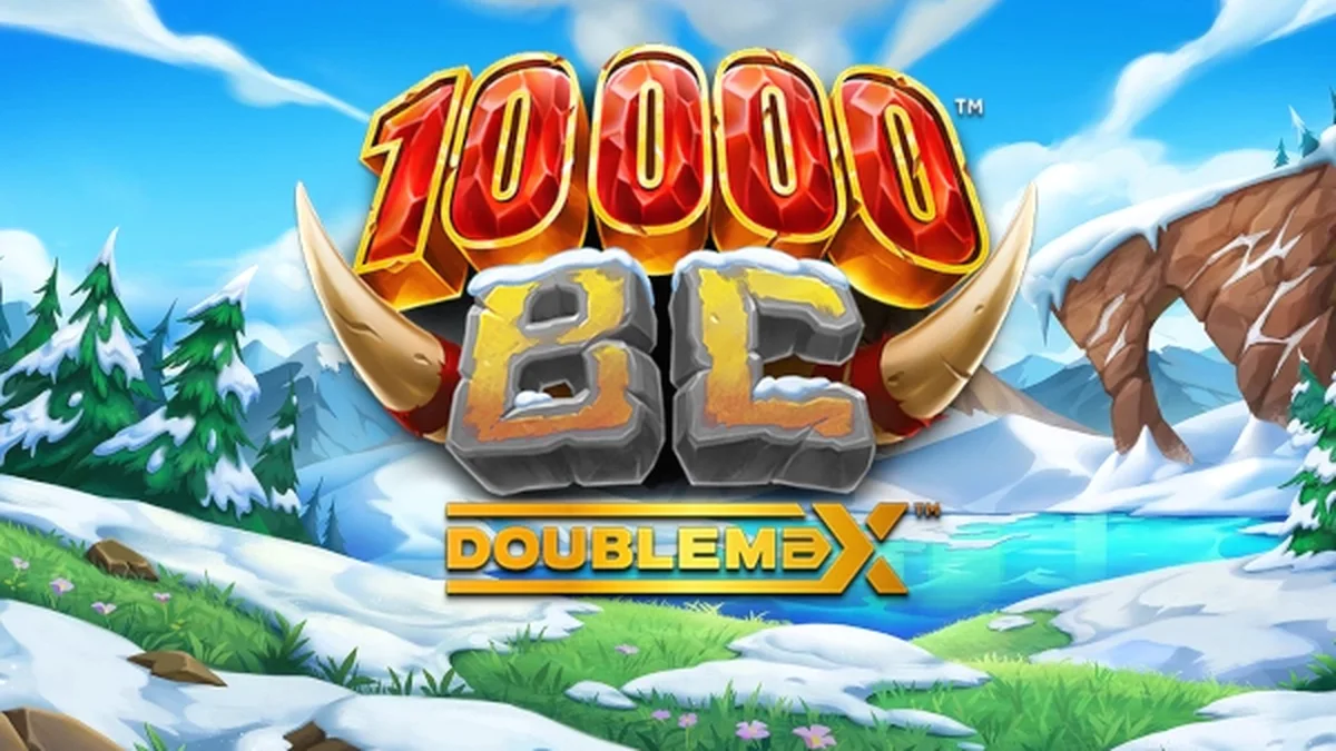 Interface do jogo 10000 BC DoubleMax com símbolos pré-históricos e multiplicador