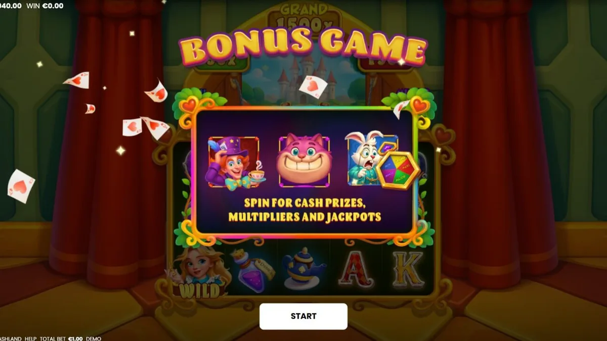Interface do jogo Alice in Cashland com elementos temáticos de Wonderland