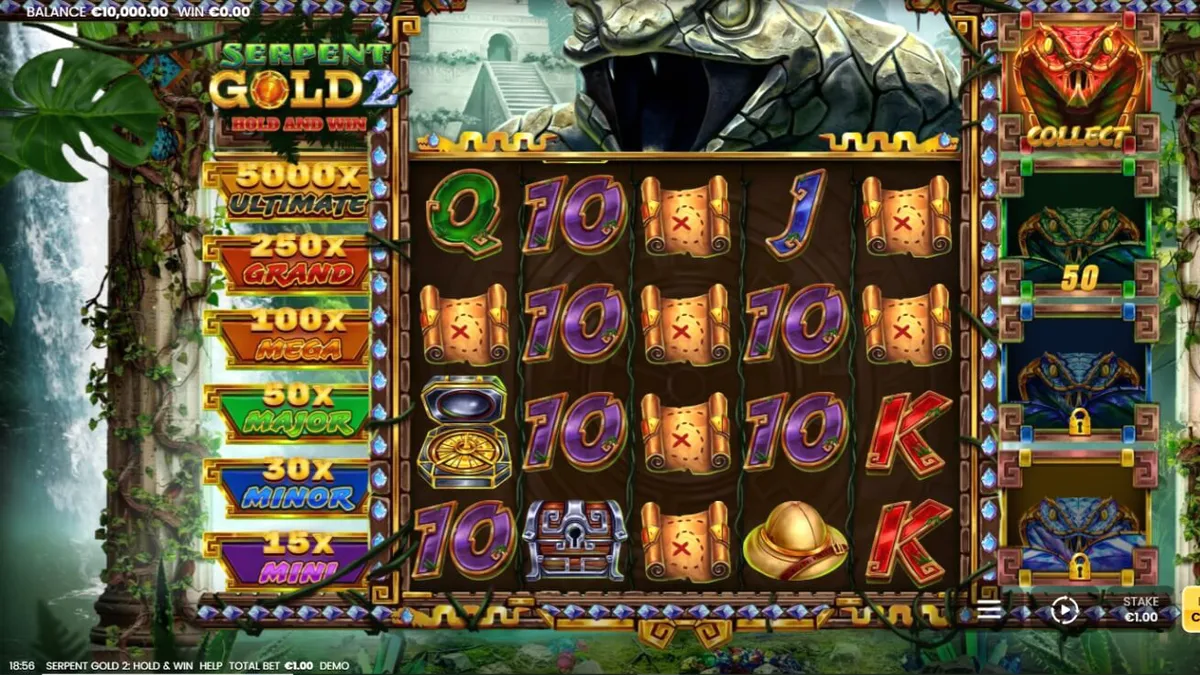 Interface do jogo de slot Serpent Gold 2 com símbolos de cobras e moedas douradas