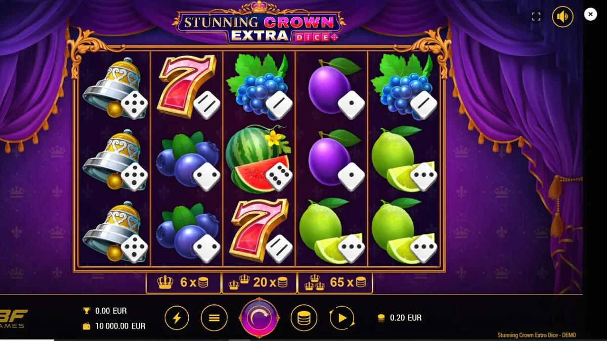 Interface do jogo Stunning Crown Extra Dice com símbolos de joias e coroas douradas